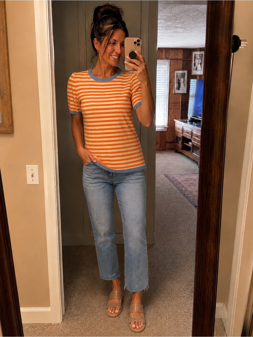 Staccato Orange and Cream Striped Short-Sleeve Knit Top with Blue Trim